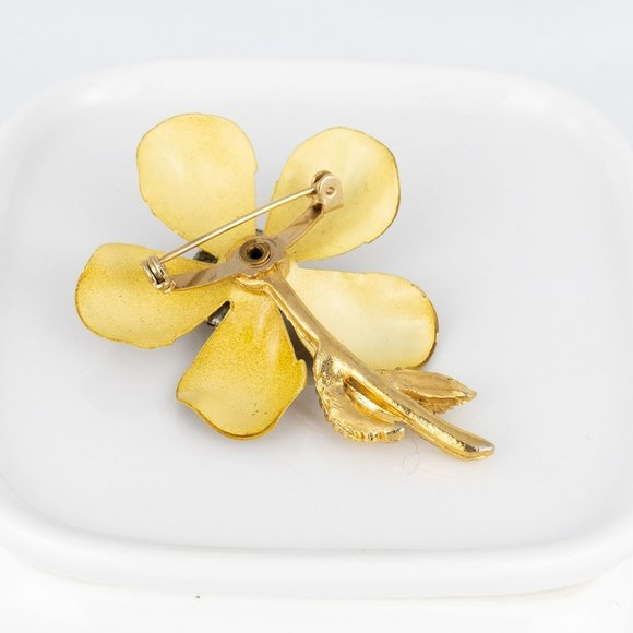 Vintage Flower Brooch Mustard Yellow Brown Gold Tone Metal Stem Leaves Brooch - Picture 6 of 6